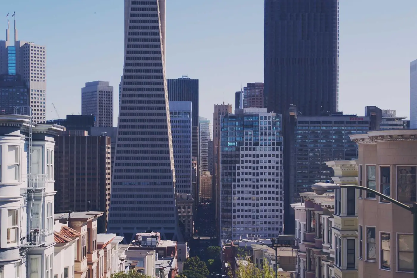 City skyline with tall buildings