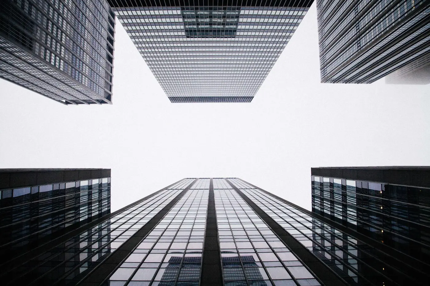 Office towers seen from street level looking up