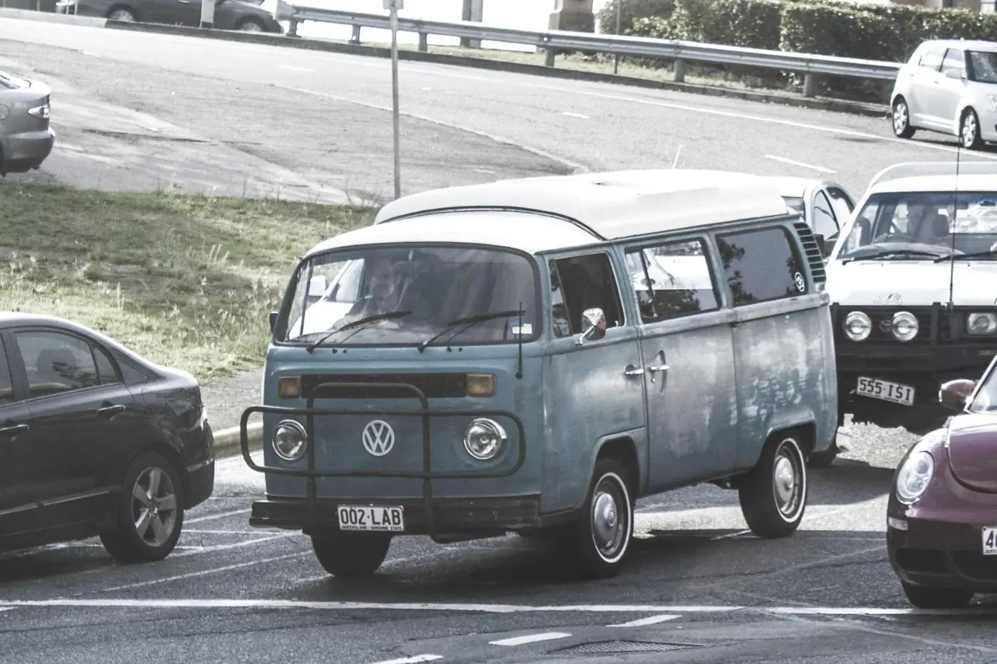 Vintage van on an open road