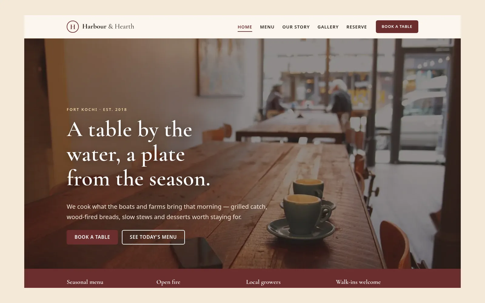 Restaurant template home page on desktop