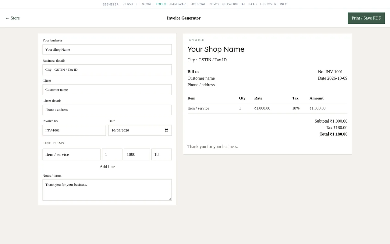 Invoice Generator with the form on the left and a live invoice preview on the right