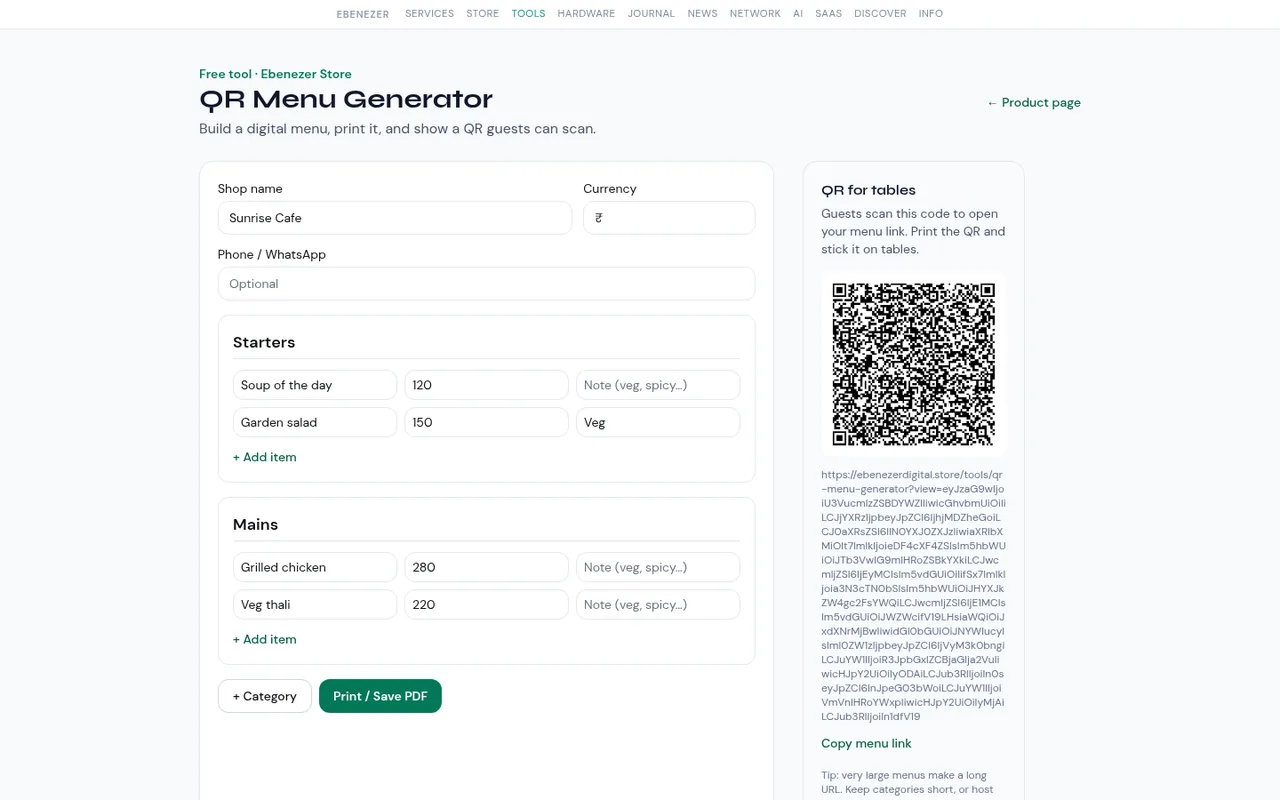 QR Menu Generator with menu items and a generated QR code