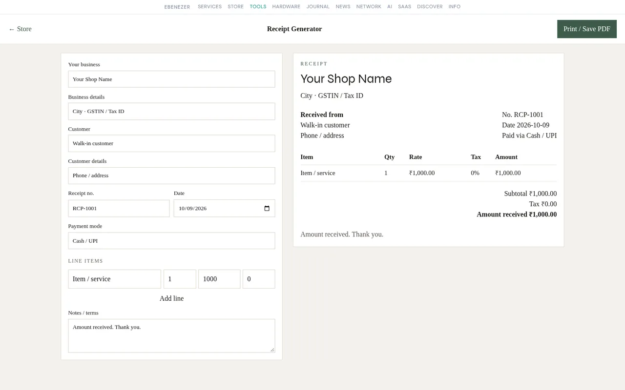 Receipt Generator with a live receipt preview